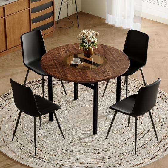 Ensemble de table ronde moderne et minimaliste (avec compartiment de rangement intégré et 4 fauteuils enPolyuréthanenoir), table ronde de 100 cm de diamètre aspect bois brun, idéale pour la salle à manger.