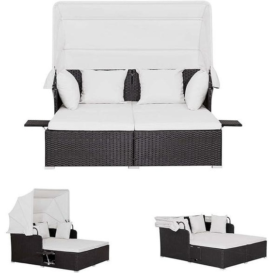Ensemble de transats en résine tressée, salon de jardin îlot avec toit repliable et 2 plateaux de table, tonnelle de jardin avec coussins, transat de jardin double, capacité de charge 360 kg, salon de jardin en résine tressée (blanc)