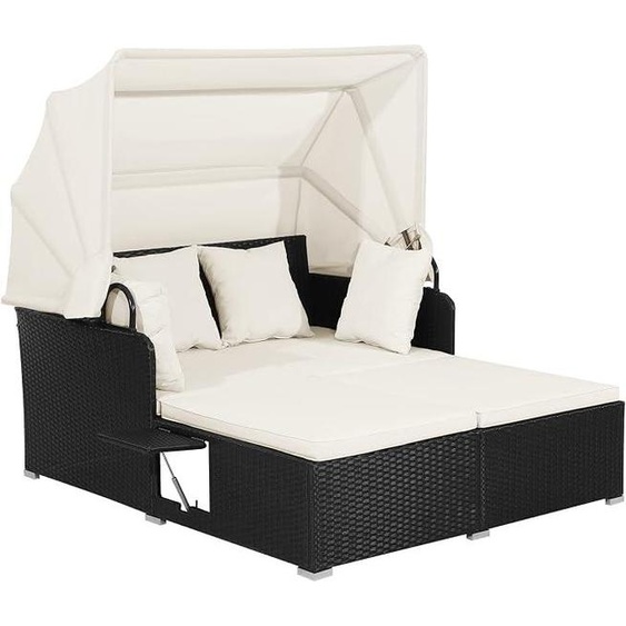 Ensemble de transats Sonneninsel en rotin, transat de jardin pour 2 personnes avec auvent pliable, transat double, coin détente avec plateau rabattable et coussins, salon de jardin, transat extérieur (beige)