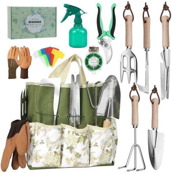 Ensemble doutils de jardinage robuste, 12 pièces, en acier inoxydable, antidérapant, manche en bois, pelle, râteau, gants