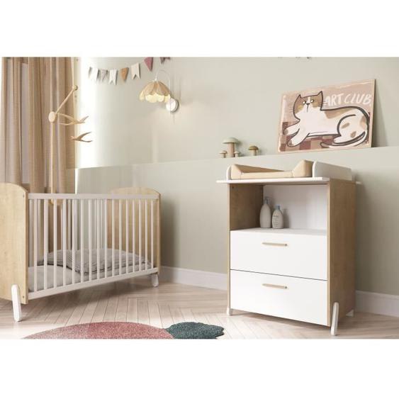 Ensemble duo 60 comprenant 1 lit à barreaux 60 x 120 cm & 1 commode à langer 2 tiroirs - NAILI - Hamilton / Blanc mat - DEMEYERE