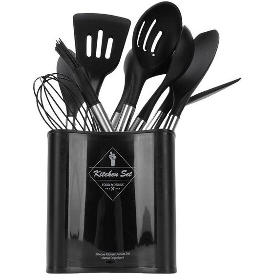 Ensemble dustensiles de cuisine en silicone résistant à la chaleur : ensemble de spatules et cuillères avec support, manche en acier inoxydable, facile à nettoyer, noir