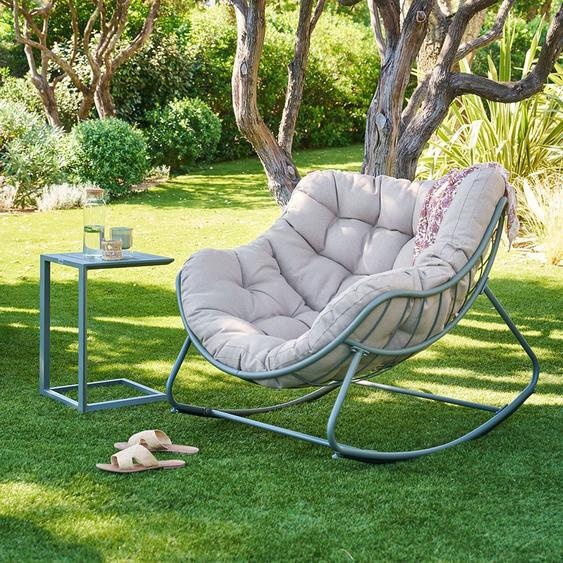 Ensemble fauteuil bascule PAOPAO + table d’appoint EVASION Laurier Acier traité époxy, Traitement anti-rouille renforcé, Polyester Hespéride