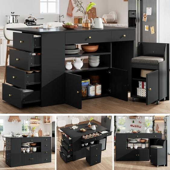 Ensemble îlot de cuisine XL (140 cm) avec 2 tabourets de bar et 6 tiroirs, buffet mobile avec plan de travail coulissant et tabourets de rangement, comptoir de cuisine aux accents dorés, blanc/noir