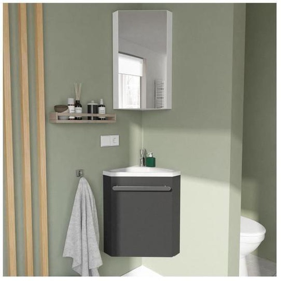 Ensemble lave-mains angle gris + vaque + miroir SKINO