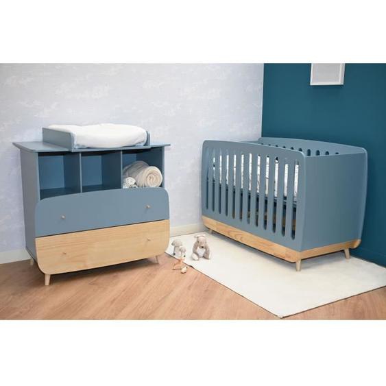 Ensemble lit bébé 60 x 120, commode 2 tiroirs + 3 niches et 1 plan à langer - FIRMIANA - Scandinave - Bleu orage bois - DEMEYERE