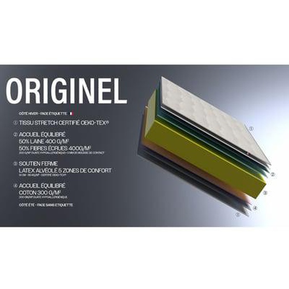 Ensemble Matelas 100% latex 5 zones ORIGINEL + Sommier - Spécial Dos Sensible - Fabriqué en France