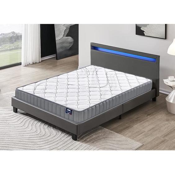 Ensemble Matelas + LIT (120 x 190cm)- Sirius 22cm Latex Naturel & Mousse HDensité + Sommier stable & tête de lit LED Gris