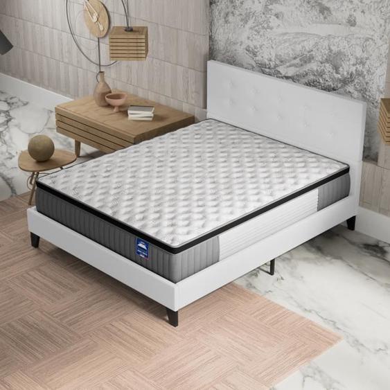 Ensemble MATELAS + LIT (120x190cm)- Elekctra 30cm Ressorts ensachés & Mémoire de forme + Sommier & tête de lit revêtement Blanc