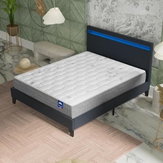 Ensemble MATELAS + LIT (120x190cm)- Galice 25cm Ressorts ensachés & Mémoire de forme + Sommier stable & tête de lit LED Noir