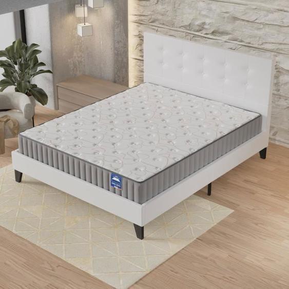 Ensemble MATELAS + LIT (120x190cm)- Orionis 22cm Mémoire de forme & Mousse HDensité + Sommier stable & tête de lit revêtement Blanc