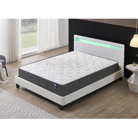 Ensemble MATELAS + LIT (140 x 200cm) Orionis 22cm Mémoire de forme & Mousse HDensité + Sommier stable & tête de lit LED Blanc