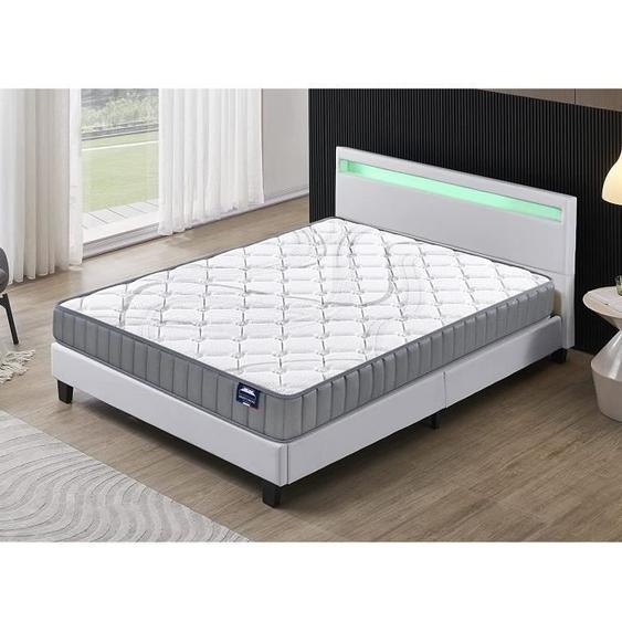 Ensemble Matelas + LIT (140 x 200cm)- Sirius 22cm Latex Naturel & Mousse HDensité + Sommier stable & tête de lit LED Blanc