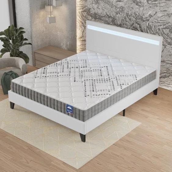 Ensemble MATELAS + LIT (140x190cm)- Eliha 20cm Ressorts ensachés & Mousse HDensité + Sommier stable & tête de lit LED Blanc