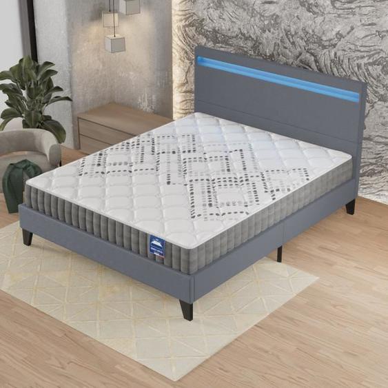 Ensemble MATELAS + LIT (140x190cm)- Eliha 20cm Ressorts ensachés & Mousse HDensité + Sommier stable & tête de lit LED Gris