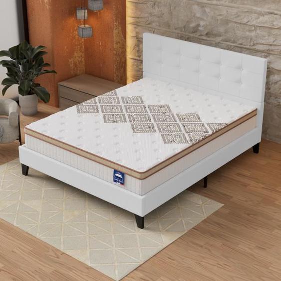 Ensemble MATELAS + LIT (140x190cm)- Errakis 28cm Ressorts ensachés & Mousse HDensité + Sommier stable & tête de lit revêtement Blanc