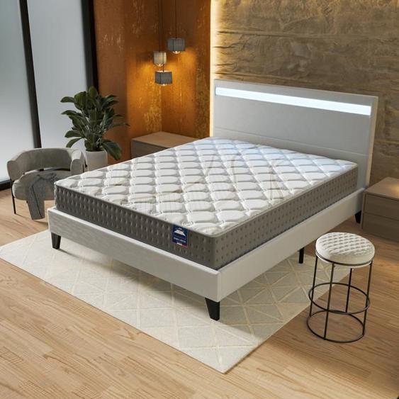Ensemble MATELAS + LIT (140x190cm)- Essem 25cm Ressorts ensachés & Mousse HDensité + Sommier stable & tête de lit LED Blanc
