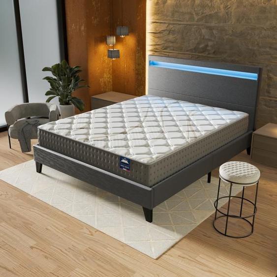 Ensemble MATELAS + LIT (140x190cm)- Essem 25cm Ressorts ensachés & Mousse HDensité + Sommier stable & tête de lit LED Gris