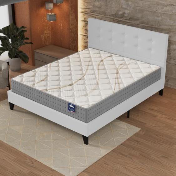 Ensemble MATELAS + LIT (140x190cm)- Essem 25cm Ressorts ensachés & Mousse HDensité + Sommier stable & tête de lit revêtement Blanc