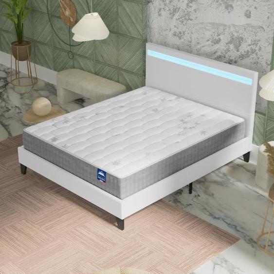 Ensemble MATELAS + LIT (140x190cm)- Galice 25cm Ressorts ensachés & Mémoire de forme + Sommier stable & tête de lit LED Blanc