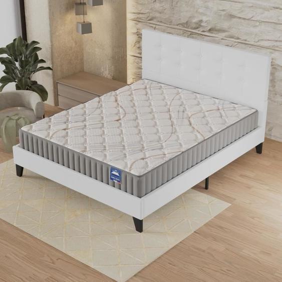 Ensemble MATELAS + LIT (140x190cm)- Sirius 22cm Latex Naturel & Mousse HDensité + Sommier stable & tête de lit revêtement Blanc