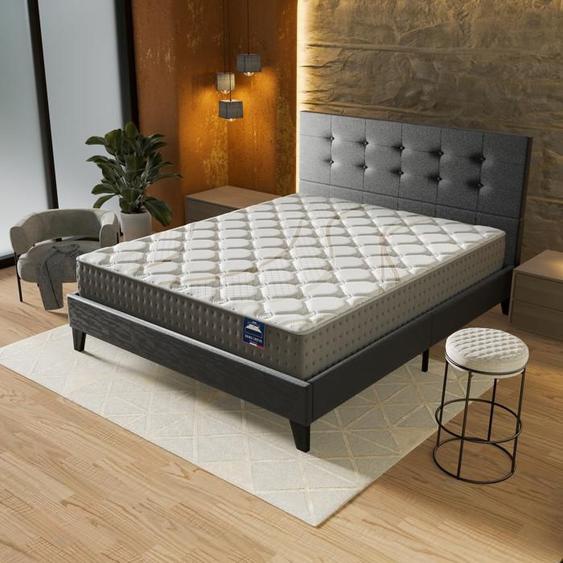 Ensemble MATELAS + LIT (140x200cm)- Essem 25cm Ressorts ensachés & Mousse HDensité + Sommier stable & tête de lit revêtement Noir