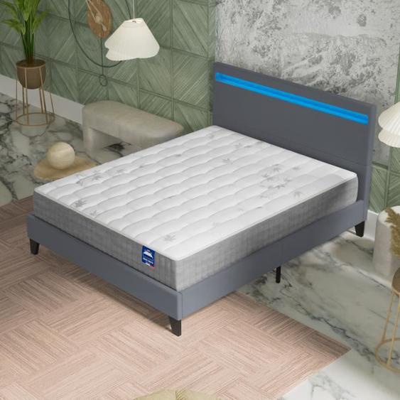 Ensemble MATELAS + LIT (140x200cm)- Galice 25cm Ressorts ensachés & Mémoire de forme + Sommier stable & tête de lit LED Gris