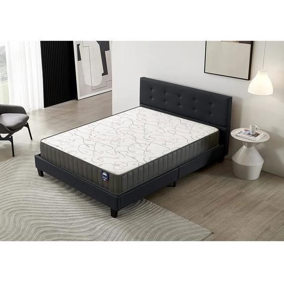 Ensemble MATELAS + LIT (140x200cm)- Orionis 16cm Mémoire de forme & Mousse HDensité + Sommier stable & tête de lit revêtement Noir