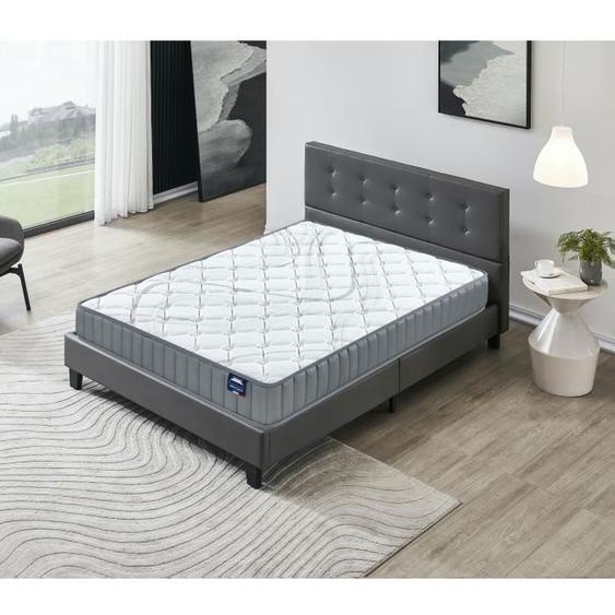 Ensemble MATELAS + LIT (140x200cm)- Sirius 16cm Latex Naturel & Mousse HDensité + Sommier stable & tête de lit revêtement Gris