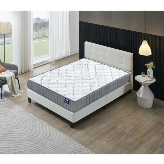 Ensemble MATELAS + LIT (140x200cm)- Sirius 22cm Latex Naturel & Mousse HDensité + Sommier stable & tête de lit revêtement Blanc