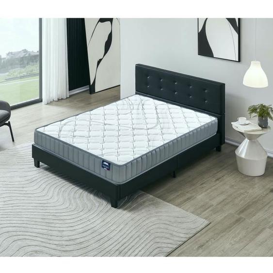 Ensemble MATELAS + LIT (140x200cm)- Sirius 22cm Latex Naturel & Mousse HDensité + Sommier stable & tête de lit revêtement Noir