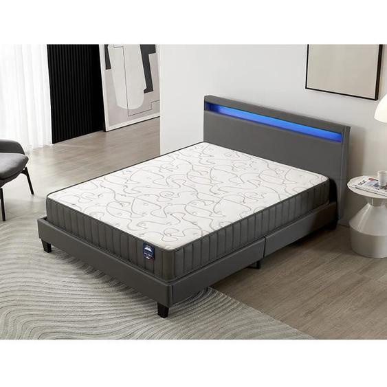 Ensemble MATELAS + LIT (160 x 200cm) Orionis 22cm Mémoire de forme & Mousse HDensité + Sommier stable & tête de lit LED Gris