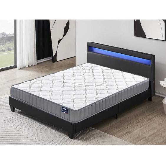 Ensemble Matelas + LIT (160 x 200cm)- Sirius 22cm Latex Naturel & Mousse HDensité + Sommier stable & tête de lit LED Noir
