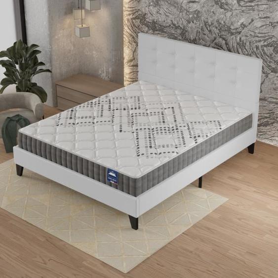 Ensemble MATELAS + LIT (160x200cm)- Eliha 20cm Ressorts ensachés & Mousse HDensité + Sommier stable & tête de lit revêtement Blanc