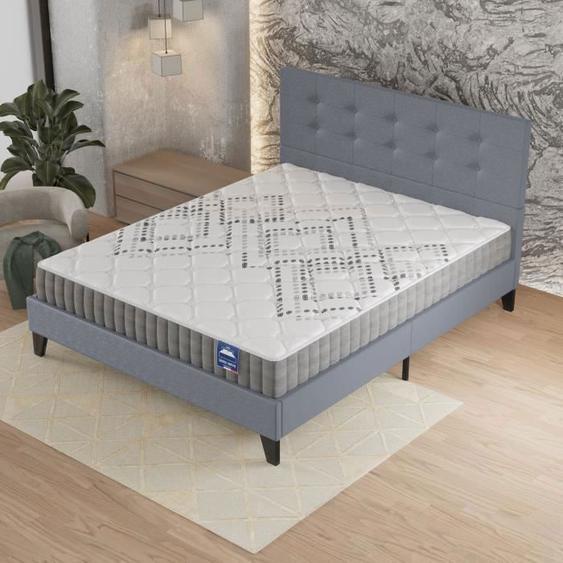 Ensemble MATELAS + LIT (160x200cm)- Eliha 20cm Ressorts ensachés & Mousse HDensité + Sommier stable & tête de lit revêtement Gris