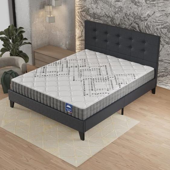 Ensemble MATELAS + LIT (160x200cm)- Eliha 20cm Ressorts ensachés & Mousse HDensité + Sommier stable & tête de lit revêtement Noir