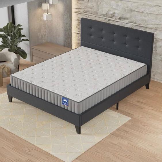 Ensemble MATELAS + LIT (160x200cm)- Orionis 16cm Mémoire de forme & Mousse HDensité + Sommier stable & tête de lit revêtement Noir
