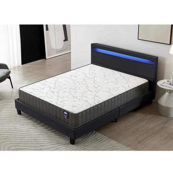 Ensemble MATELAS + LIT (140 x 200cm) Orionis 22cm Mémoire de forme & Mousse HDensité + Sommier stable & tête de lit LED Noir