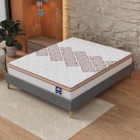 Ensemble matelas + Sommier (140x190cm)- Errakis Ressorts ensachés & Mousse Hdensité Ép 28cm + Sommier Bois stable, Tissu Gris