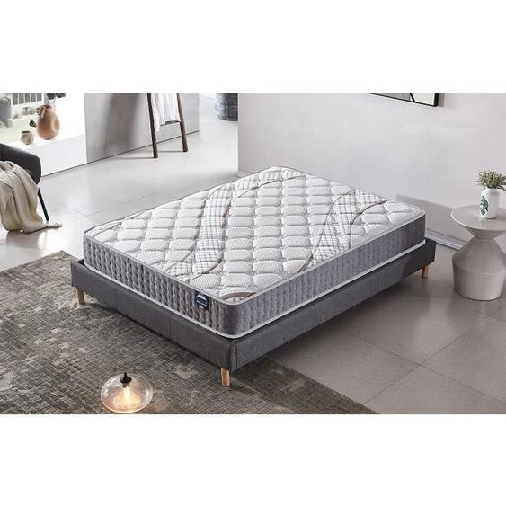 Ensemble matelas + Sommier (140x190cm)- Essem Ressorts ensachés & Mousse Hdensité Ép 25cm + Sommier Bois stable, Tissu Gris
