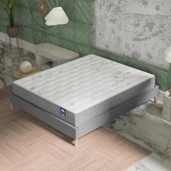 Ensemble matelas + Sommier (140x190cm)- Galice Ressorts ensachés & mémoire de Forme Ép 25cm + Sommier Bois stable, Tissu Gris