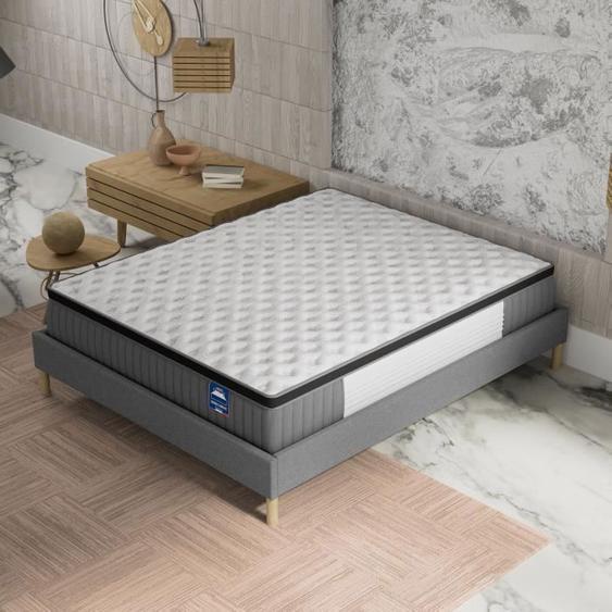 Ensemble matelas + Sommier (140x200cm)- Elekctra Ressorts ensachés & mémoire de Forme Ép 30cm + Sommier Bois stable, Tissu Gris