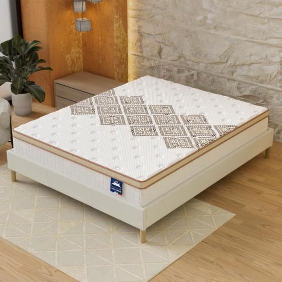 Ensemble matelas + Sommier (160x200cm)- Errakis Ressorts ensachés & Mousse Hdensité Ép 28cm + Sommier Bois stable, Tissu Blanc