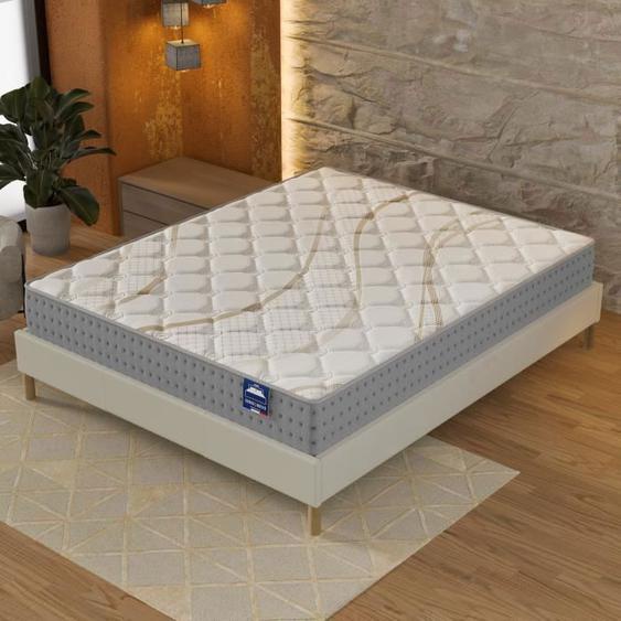 Ensemble matelas + Sommier (160x200cm)- Essem Ressorts ensachés & Mousse Hdensité Ép 25cm + Sommier Bois stable, Tissu Blanc