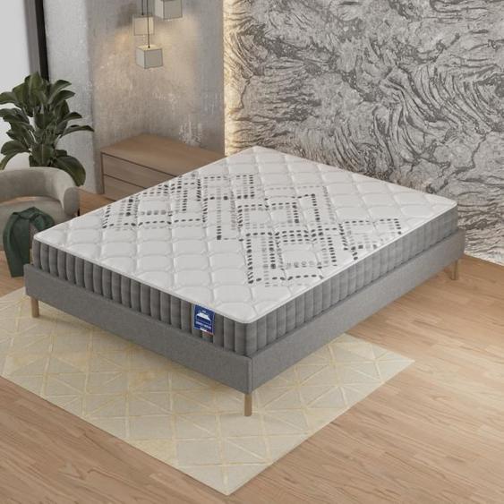 Ensemble matelas + Sommier (180x200cm)- Eliha Ressorts ensachés & Mousse Hdensité Ép 20cm + Sommier Bois stable, Tissu Gris