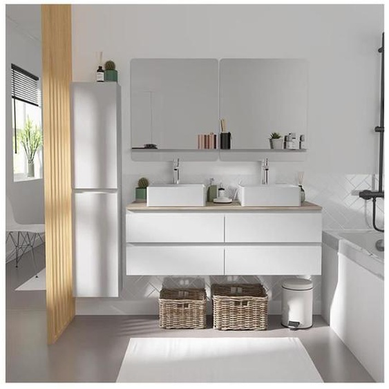 Ensemble meuble double vasque blanc 120cm + 2 vasques + 2 miroirs + 2 robinets + colonne SORRENTO