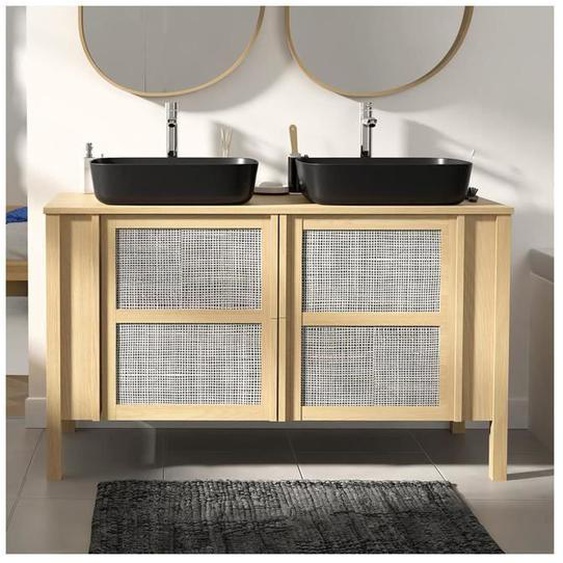 Ensemble meuble double vasque chêne portes cannage 130 cm + vasque Meuble: L130cm H78cm P50cm Vasque: L48cm H12cm P37cm Bois Clair