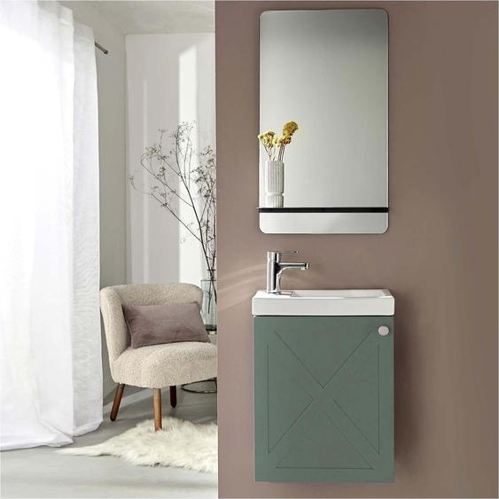 Meuble lave-mains AVA vert de gris + miroir tablette blanche