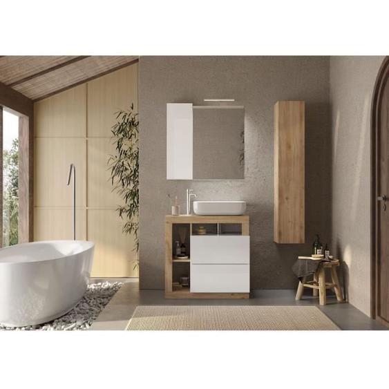 Ensemble Meuble salle de bain HAMBOURG L78 - Vasque + 2 Tiroirs + 3 niches + Colonne - Coloris chêne clair et laqué blanc