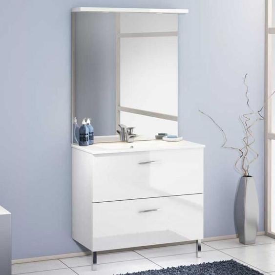 Ensemble meuble salle de bain - NOLET - Blanc laqué brillant - Bois - Meuble sous vasque : L 90 x l 46